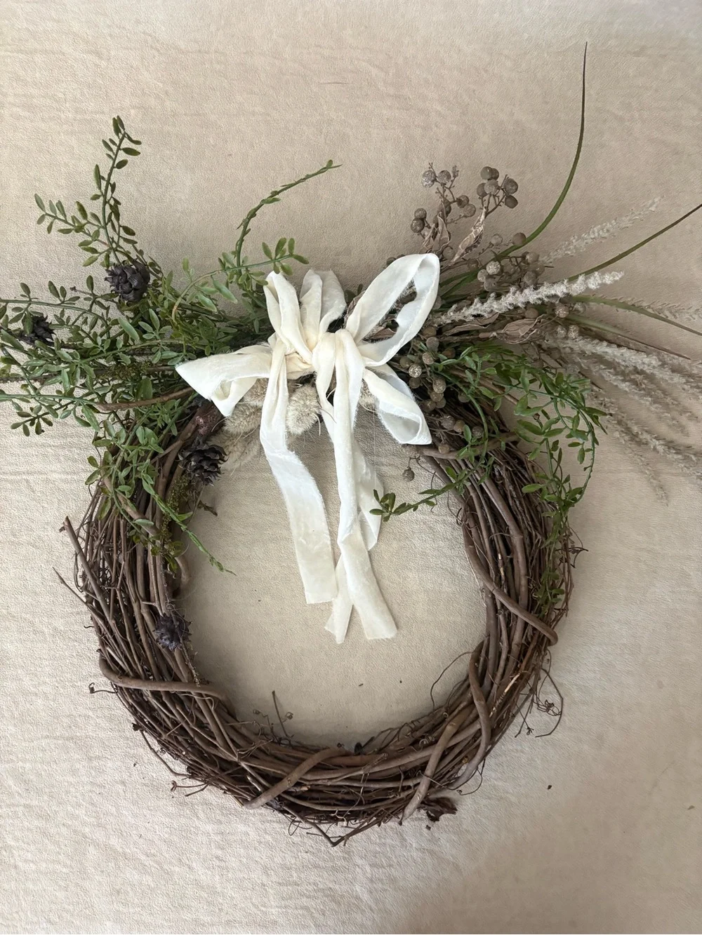 Neutral Rustic Grapevine Wreath with Cream Ribbon - Home Holiday